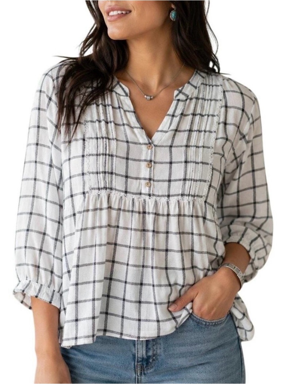 NWOT Wrangler Windowpane Plaid 3/4 Sleeve Pintuck Lace Tunic Top Medium Soft